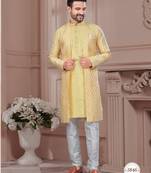 Havy open jacket style attached indowestern set with thread and stone work with potali botton