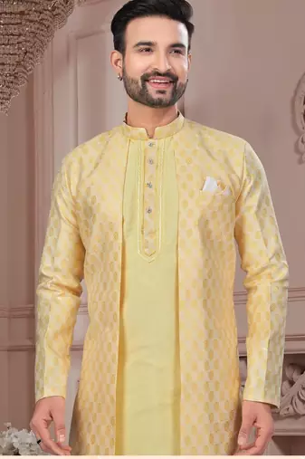 Havy open jacket style attached indowestern set with thread and stone work with potali botton