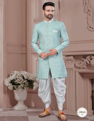 Full computer embroidery with silver thread indowestern sherwani set 1