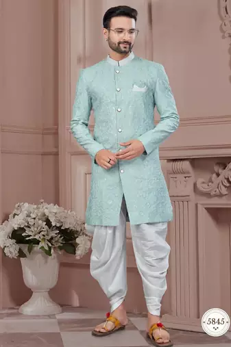 Full computer embroidery with silver thread indowestern sherwani set