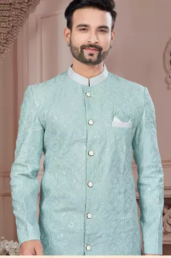 Full computer embroidery with silver thread indowestern sherwani set