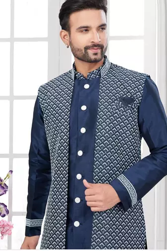 Open jacket with full embroidery work indowestern pajama set