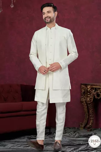 Open jacket with full embroidery work indowestern pajama set