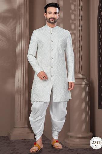 Full computer embroidery with silver thread indowestern sherwani set