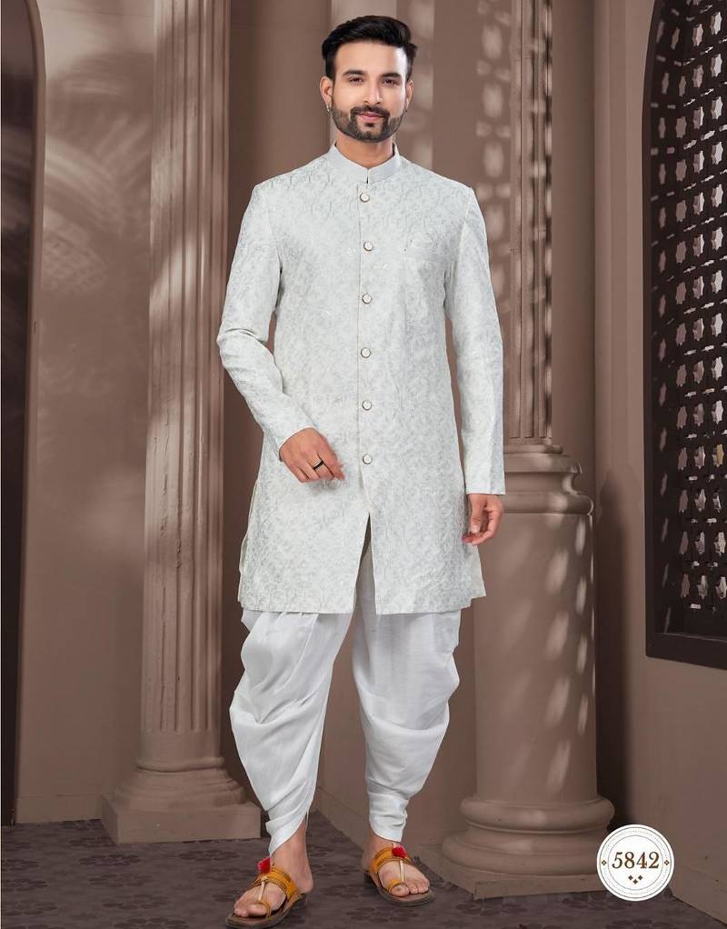 Full computer embroidery with silver thread indowestern sherwani set