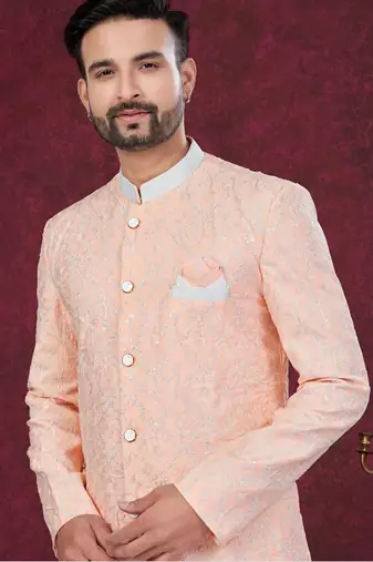 Full computer embroidery with silver thread sherwani set
