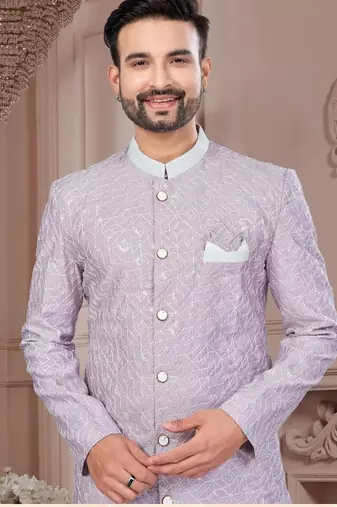 Full computer embroidery with silver thread sherwani set