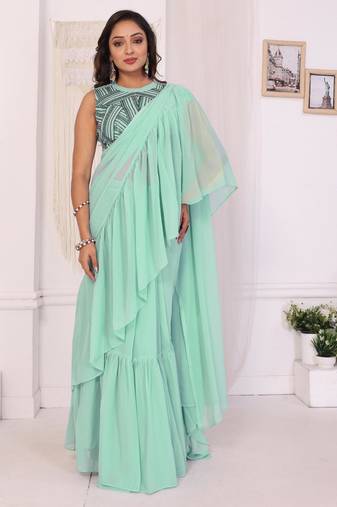 sea green Georgette Ruffle Style Ready To Wear Saree With Blouse Piece