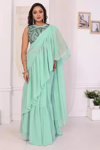 sea green Georgette Ruffle Style Ready To Wear Saree With Blouse Piece