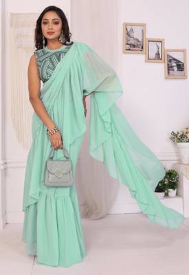ready to wear sea green georgette ruffle style saree with blouse piece 2