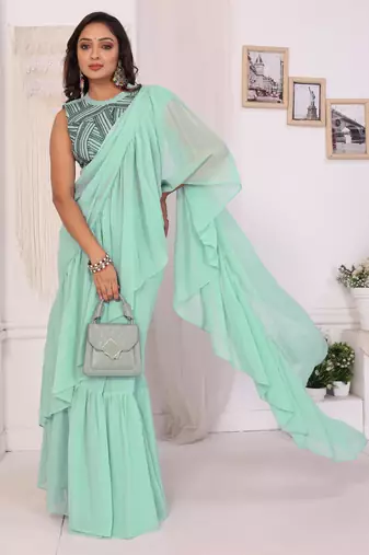 ready to wear sea green georgette ruffle style saree with blouse piece