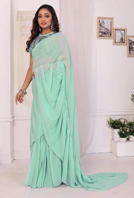 ready to wear sea green georgette ruffle style saree with blouse piece 3