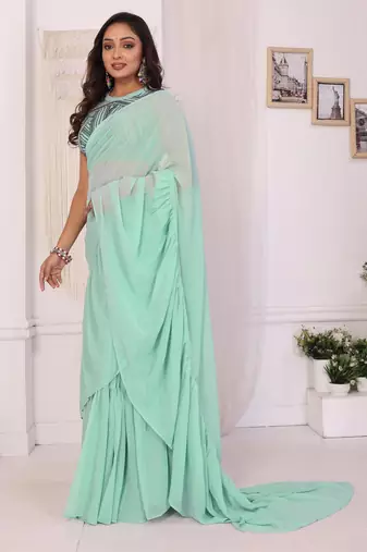 ready to wear sea green georgette ruffle style saree with blouse piece