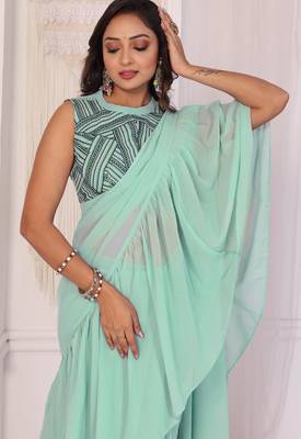 ready to wear sea green georgette ruffle style saree with blouse piece 4