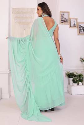 ready to wear sea green georgette ruffle style saree with blouse piece 5
