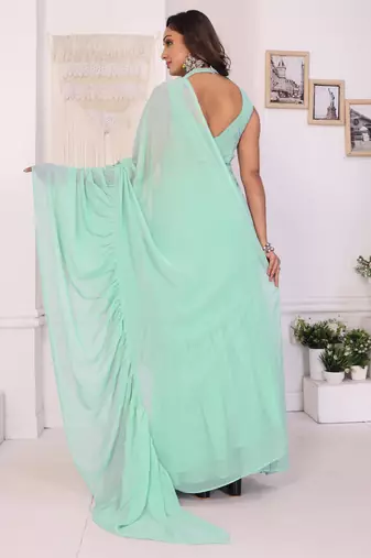 ready to wear sea green georgette ruffle style saree with blouse piece