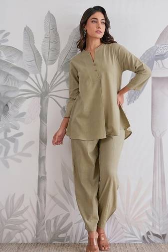 Olive Green Cotton Slub Co-Ord Set