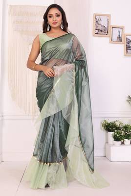 ready to wear beautiful designer jimmy choo ruffle saree decorated by sequence lace and unstitched blouse piece 1