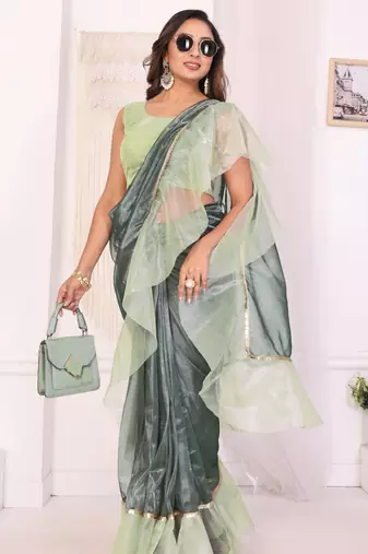 ready to wear beautiful designer jimmy choo ruffle saree decorated by sequence lace and unstitched blouse piece