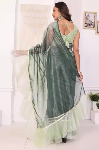 ready to wear beautiful designer jimmy choo ruffle saree decorated by sequence lace and unstitched blouse piece