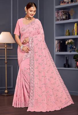 Pink sequin embroidered georgette designer saree 1