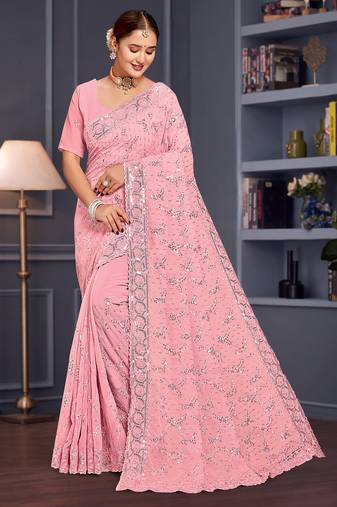 Pink sequin embroidered georgette designer saree