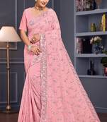 Pink sequin embroidered georgette designer saree