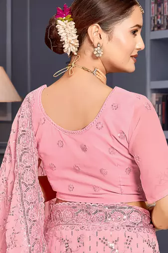 Pink sequin embroidered georgette designer saree