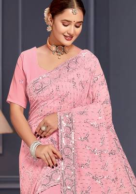 Pink sequin embroidered georgette designer saree 3