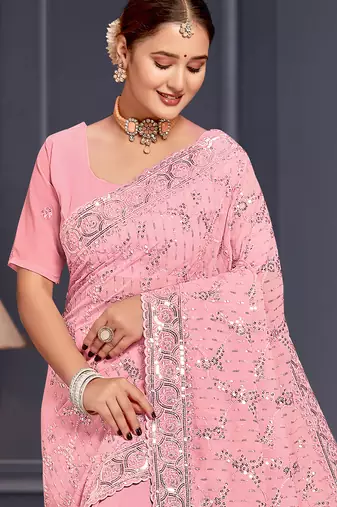 Pink sequin embroidered georgette designer saree