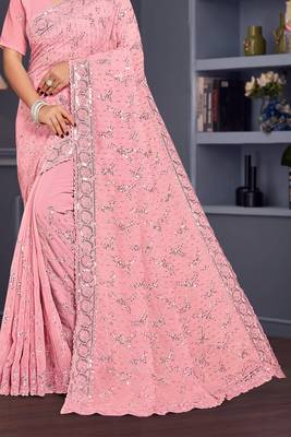 Pink sequin embroidered georgette designer saree 4