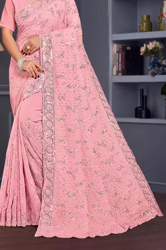 Pink sequin embroidered georgette designer saree