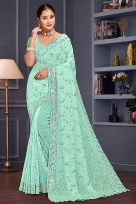 Sea green sequin embroidered georgette designer saree 1