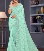 Sea green sequin embroidered georgette designer saree