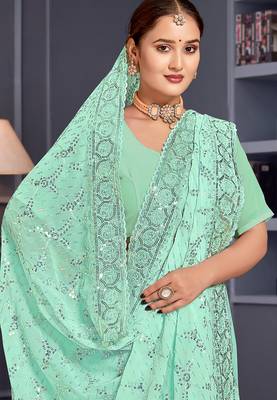 Sea green sequin embroidered georgette designer saree 2