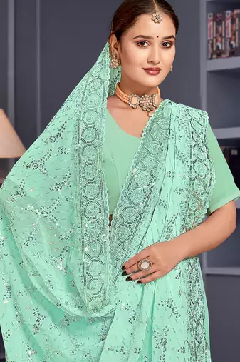 Sea green sequin embroidered georgette designer saree