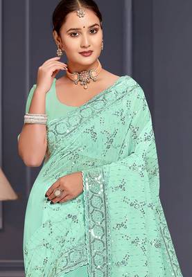Sea green sequin embroidered georgette designer saree 3