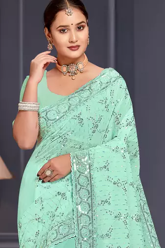 Sea green sequin embroidered georgette designer saree