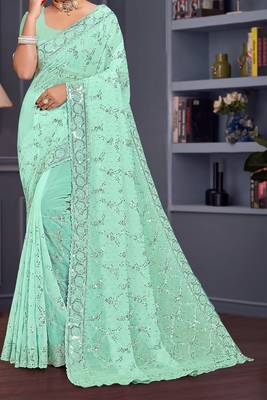 Sea green sequin embroidered georgette designer saree 4
