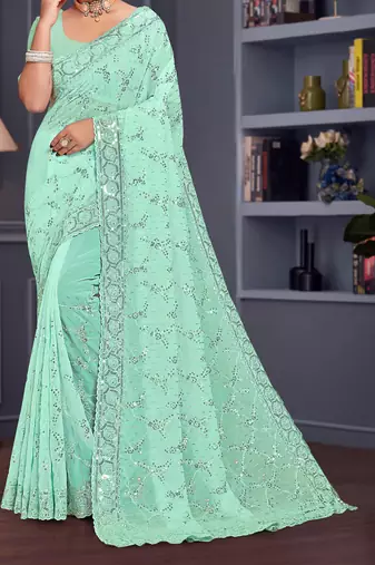Sea green sequin embroidered georgette designer saree