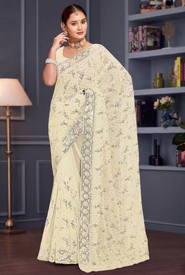 Off white sequin embroidered georgette designer saree 1