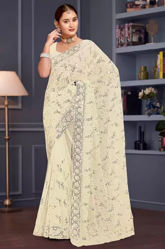 Off white sequin embroidered georgette designer saree