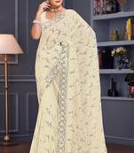 Off white sequin embroidered georgette designer saree