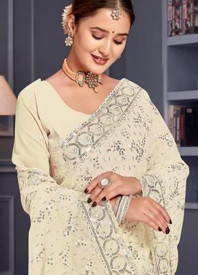 Off white sequin embroidered georgette designer saree 2