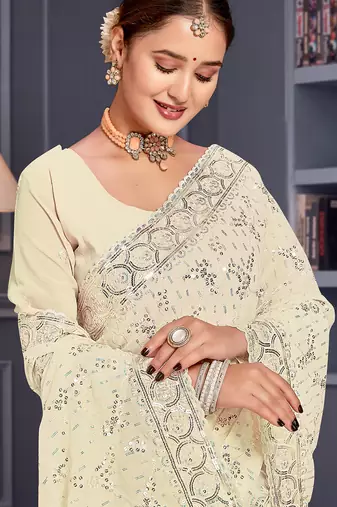 Off white sequin embroidered georgette designer saree