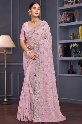 Lavender sequin embroidered georgette designer saree 1