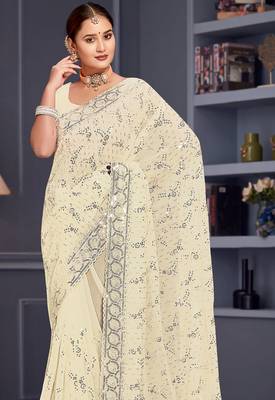 Off white sequin embroidered georgette designer saree 3