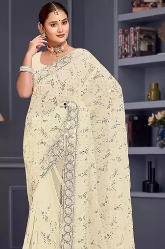 Off white sequin embroidered georgette designer saree