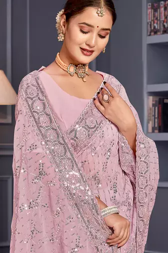 Lavender sequin embroidered georgette designer saree