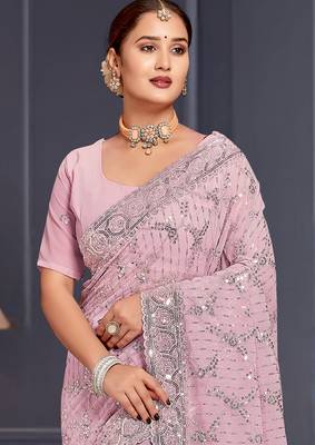 Lavender sequin embroidered georgette designer saree 3